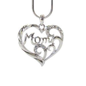 Mom Crystal Heart Necklace in White Gold